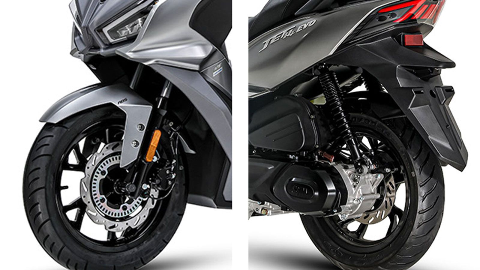 Το Jet14 EVO 125 L/C ABS βασίζεται σε πλαίσιο με μεγάλους τροχούς 14 ιντσών και φαρδιά ελαστικά για αυξημένη σταθερότητα. Μπροστά συναντάμε τηλεσκοπικ